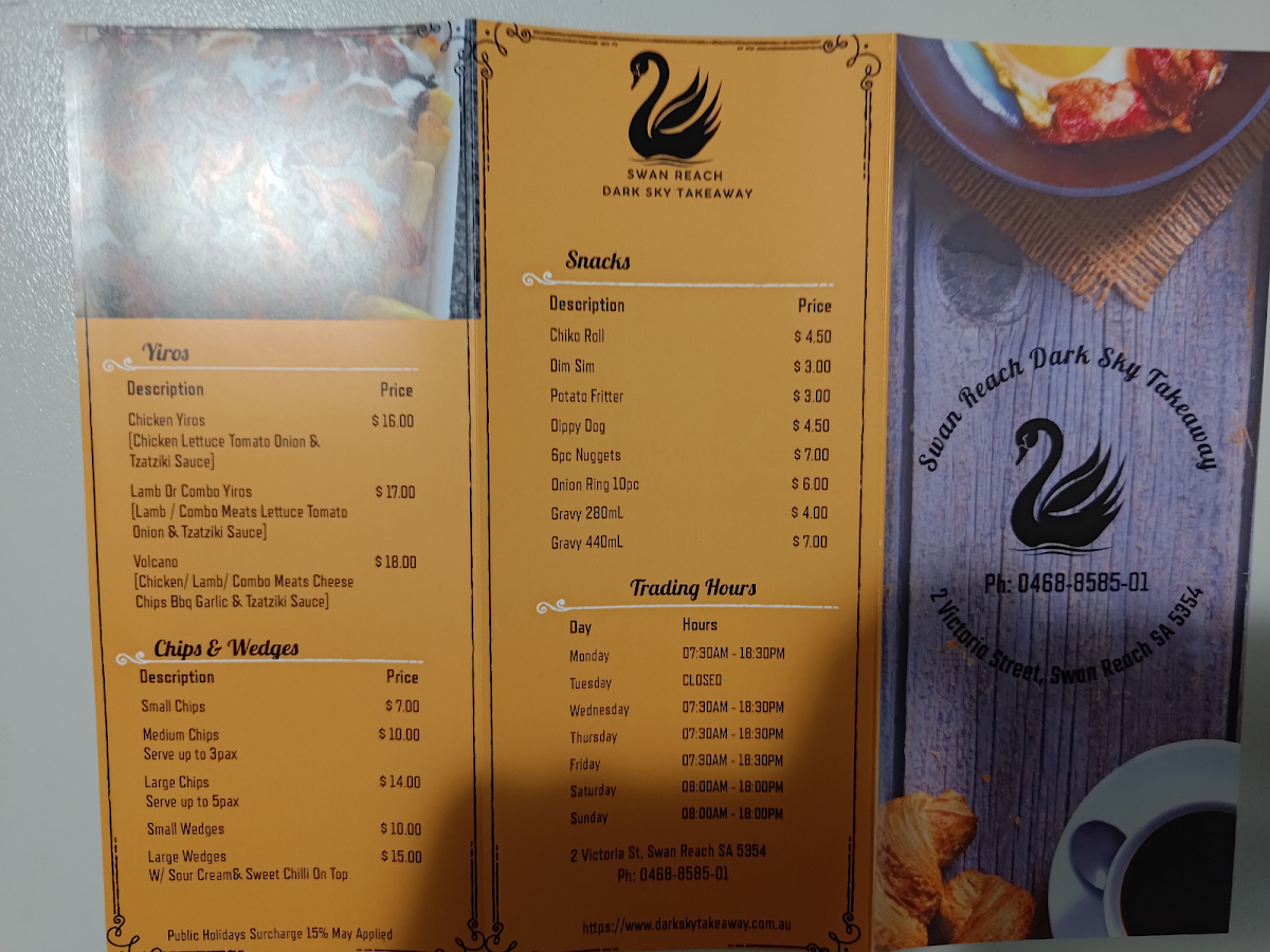 Menu, Swan Reach Dark Sky Takeaway