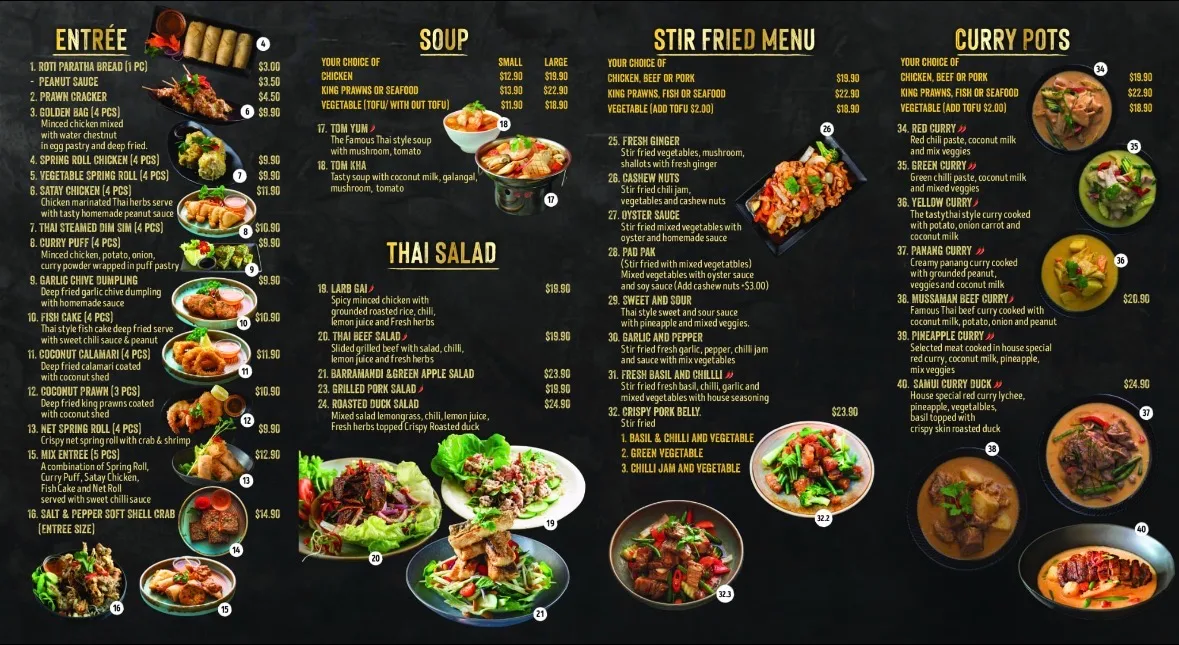 Menu, Siri Thai Restaurant