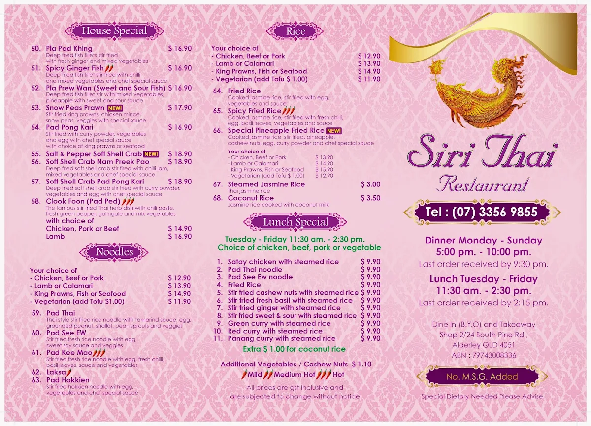 Menu, Siri Thai Restaurant
