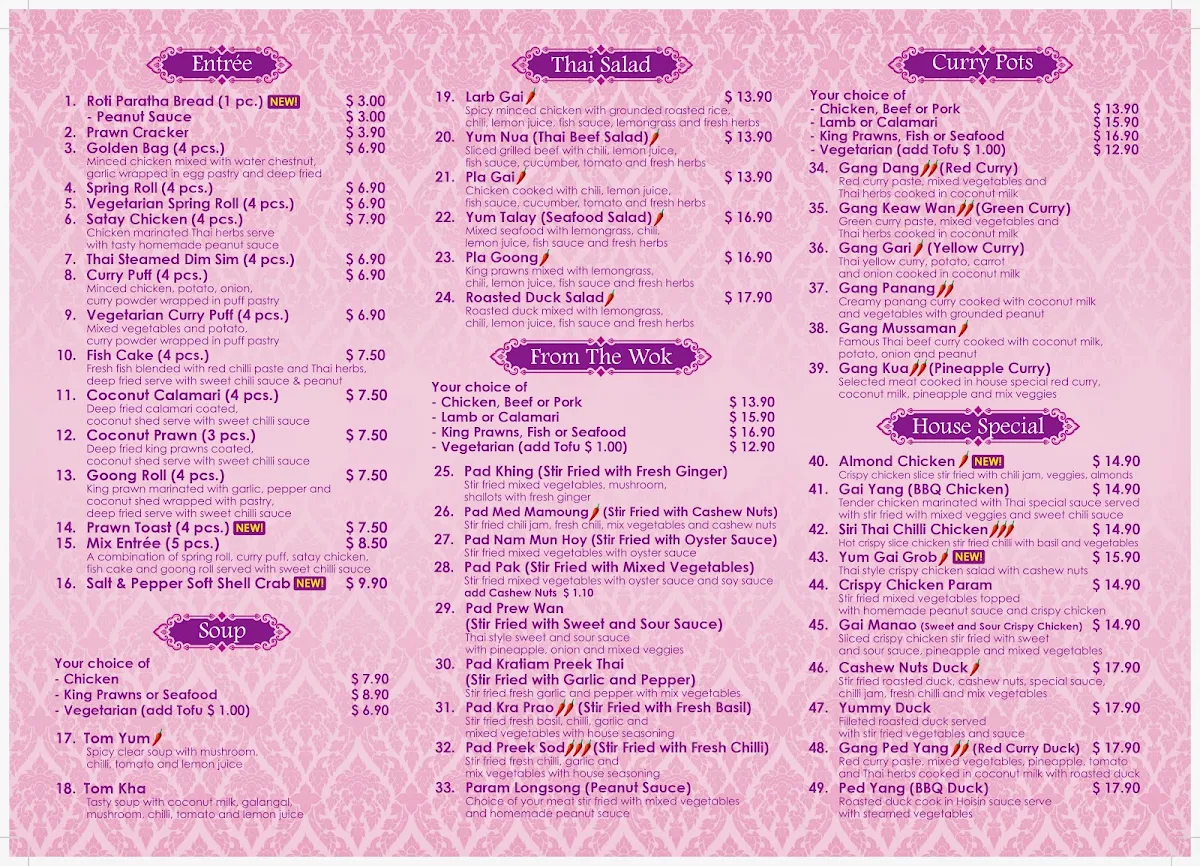 Menu, Siri Thai Restaurant