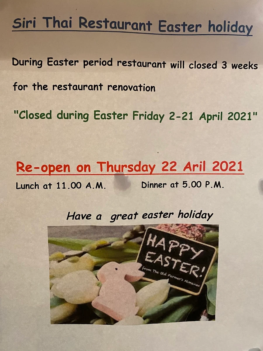Menu, Siri Thai Restaurant