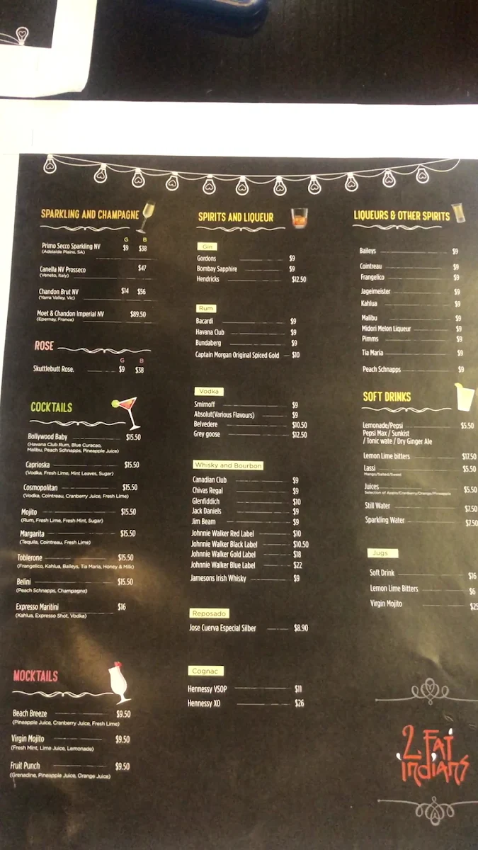 Menu, 2 Fat Indians