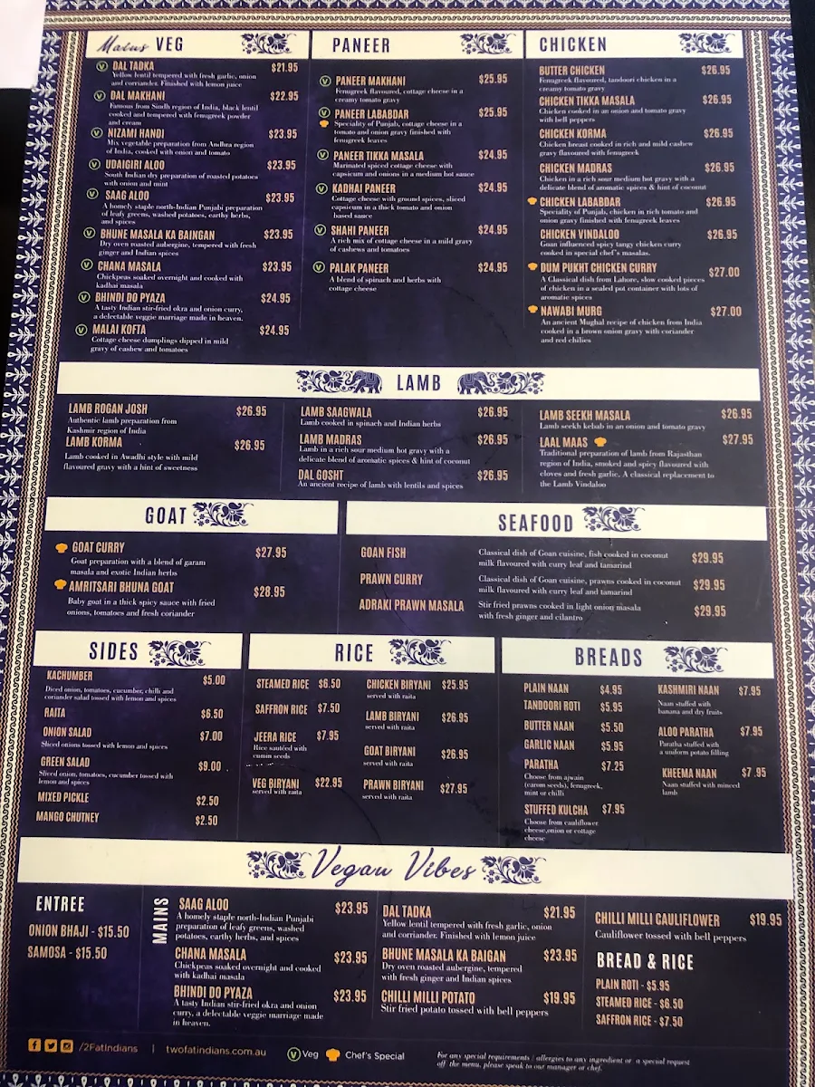 Menu, 2 Fat Indians