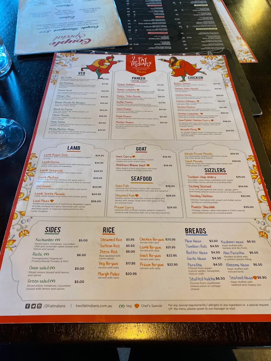 Menu, 2 Fat Indians