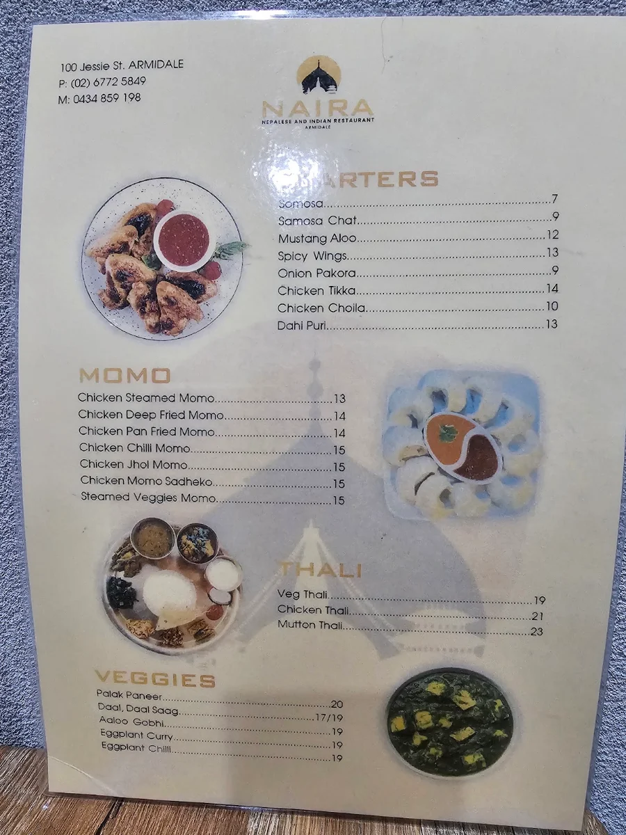 Menu, Naira - Nepalese and Indian Restaurant
