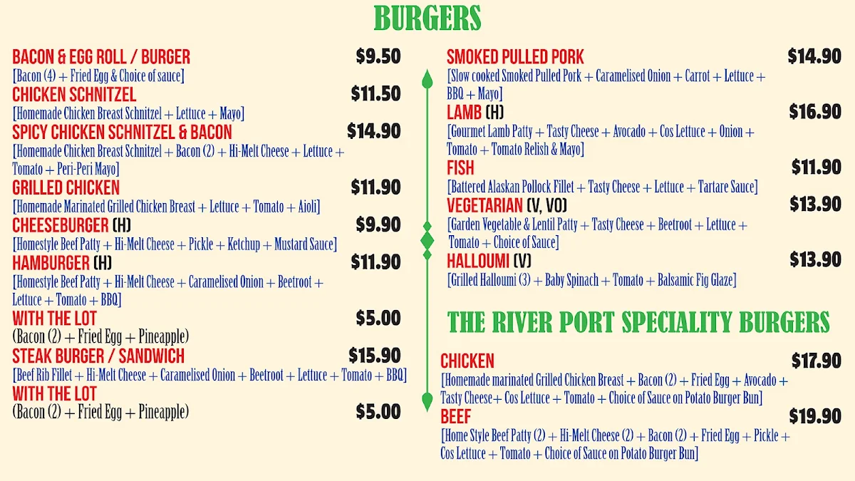 Menu, The River Port Cafe