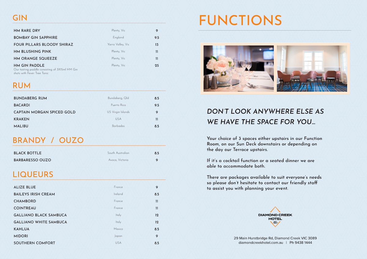 Menu, Diamond Creek Hotel