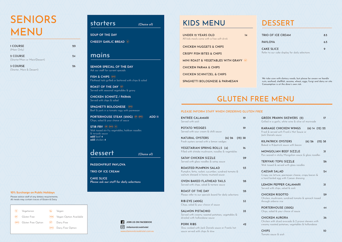Menu, Diamond Creek Hotel