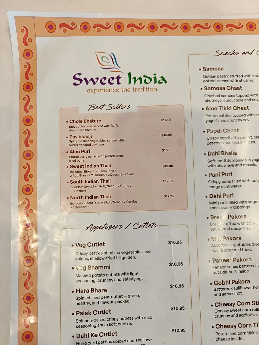Menu, Sweet India Dandenong