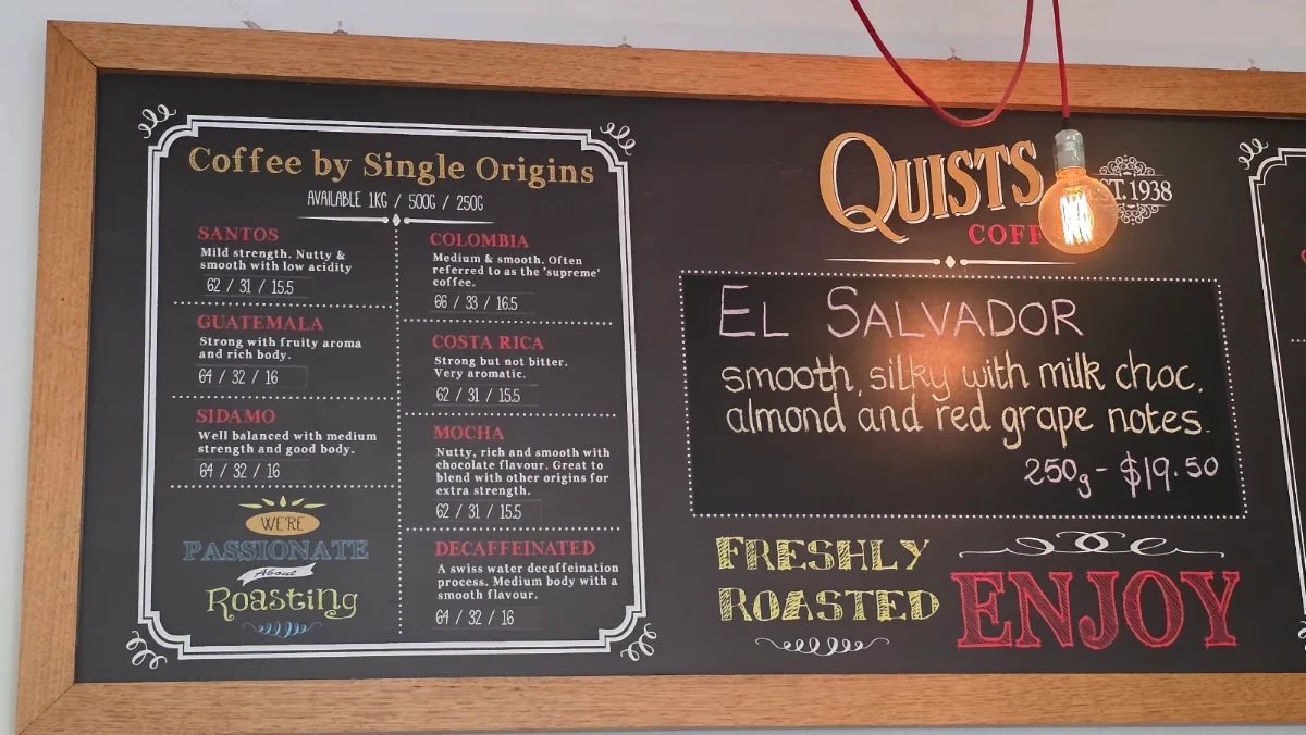 Menu, Quists Coffee