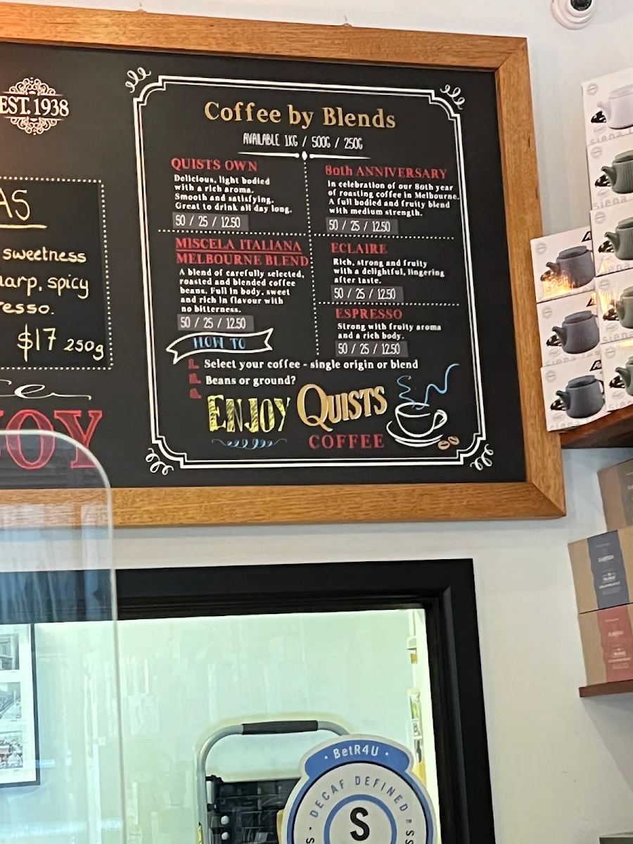 Menu, Quists Coffee