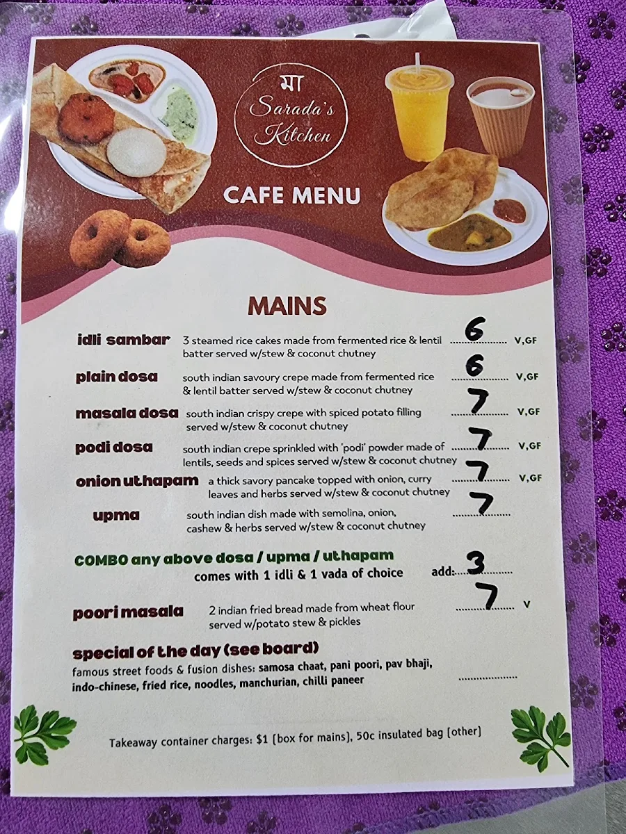 Menu, Maa Sarada's Cafe & Kitchen