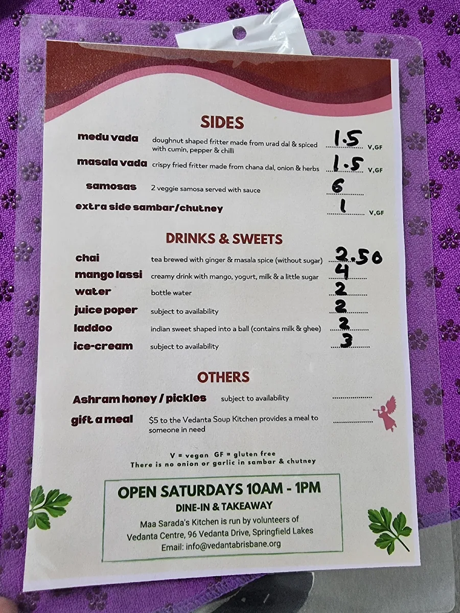 Menu, Maa Sarada's Cafe & Kitchen