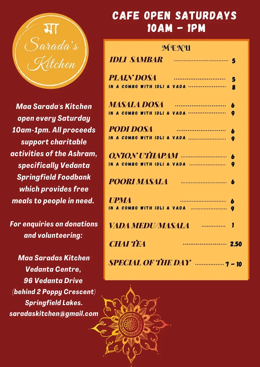 Menu, Maa Sarada's Cafe & Kitchen