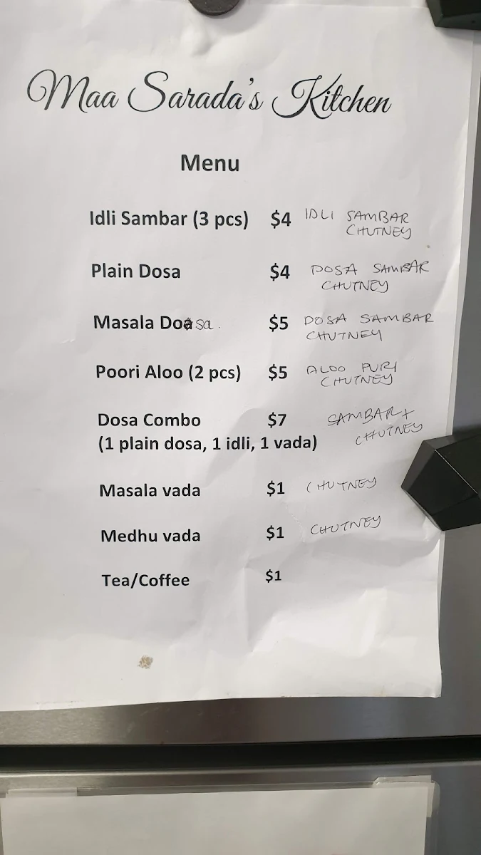 Menu, Maa Sarada's Cafe & Kitchen