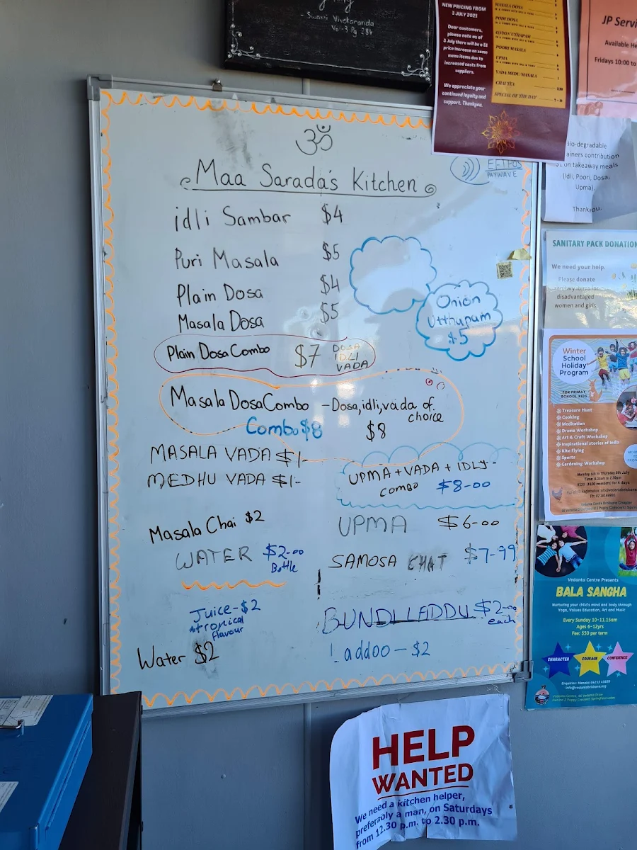 Menu, Maa Sarada's Cafe & Kitchen