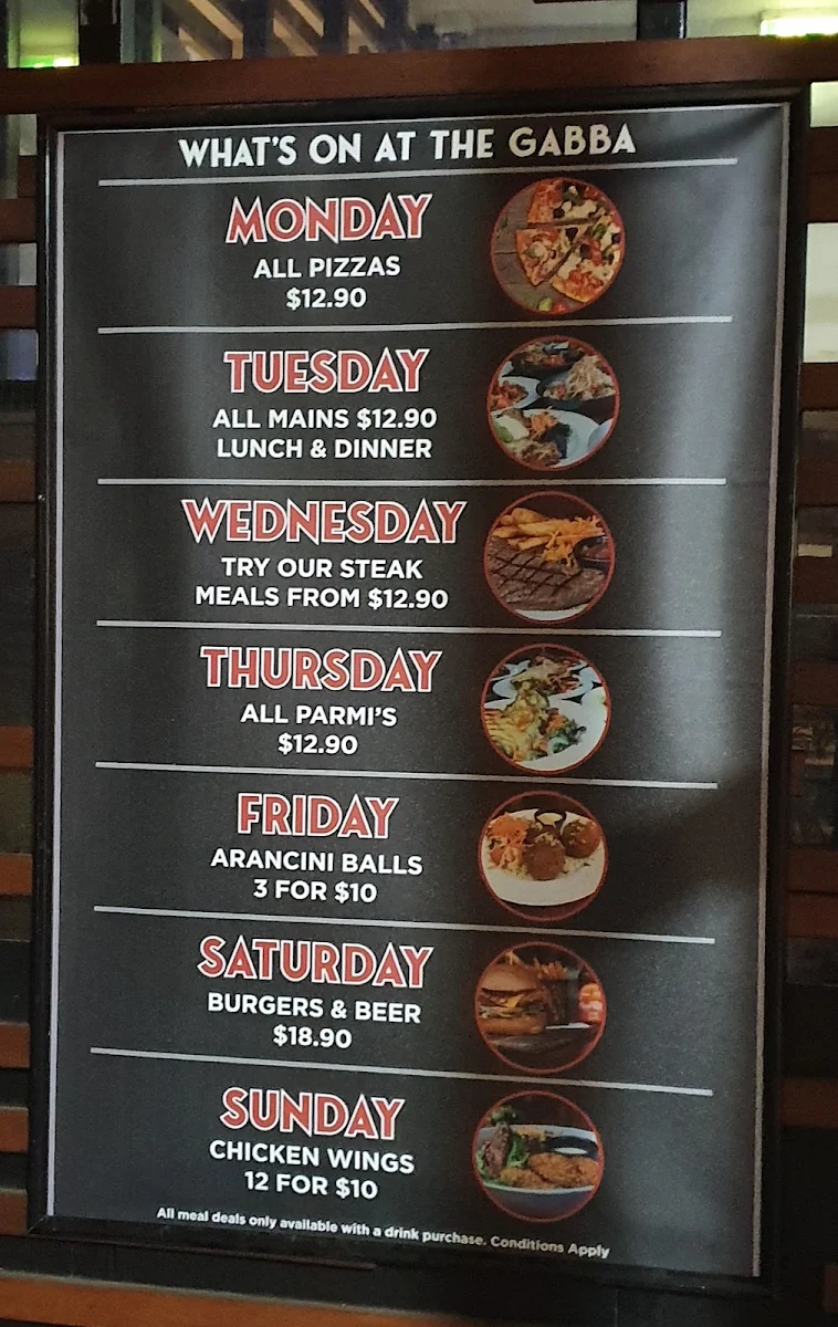 Menu, Woolloongabba Hotel