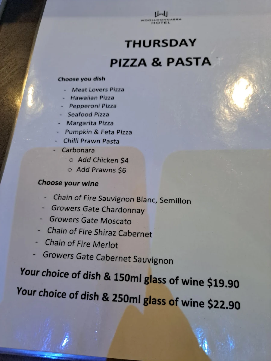 Menu, Woolloongabba Hotel