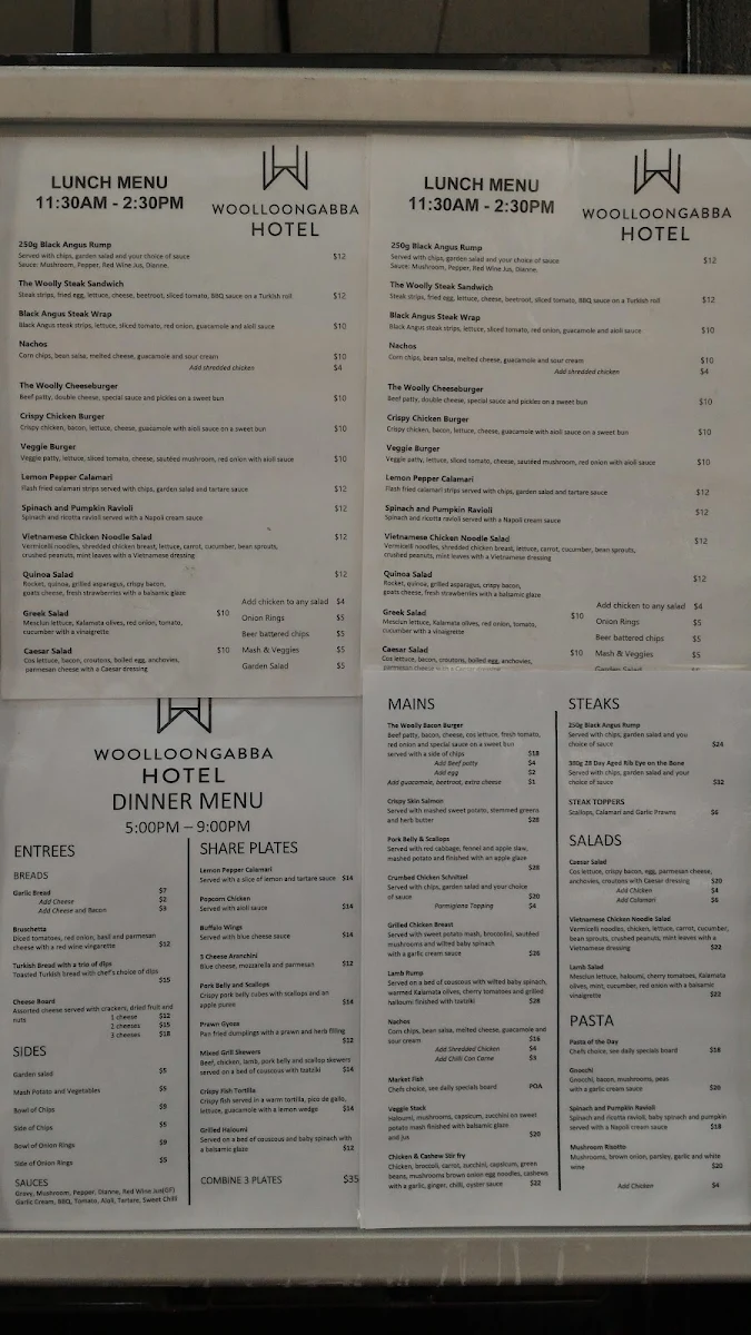 Menu, Woolloongabba Hotel