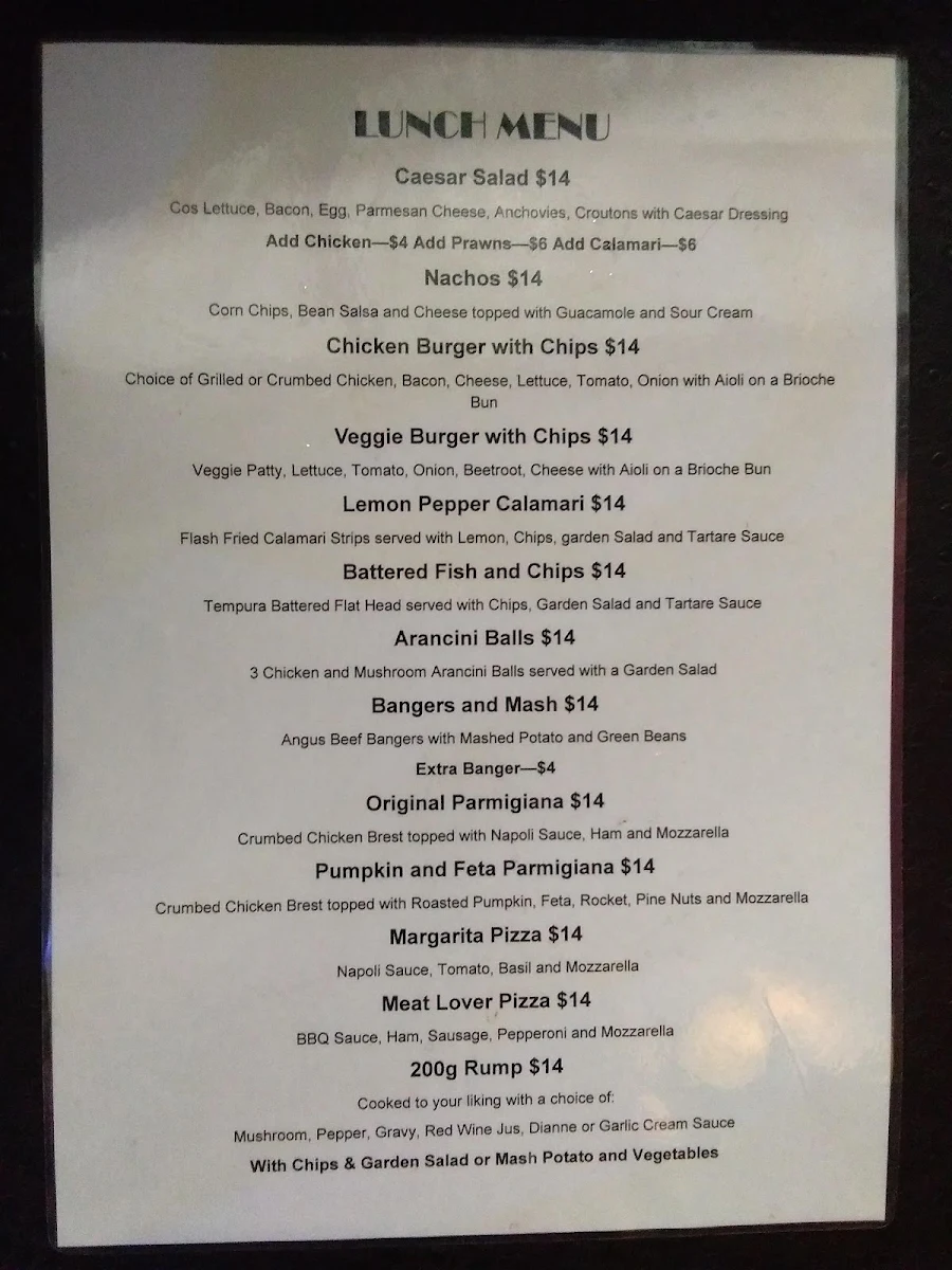 Menu, Woolloongabba Hotel