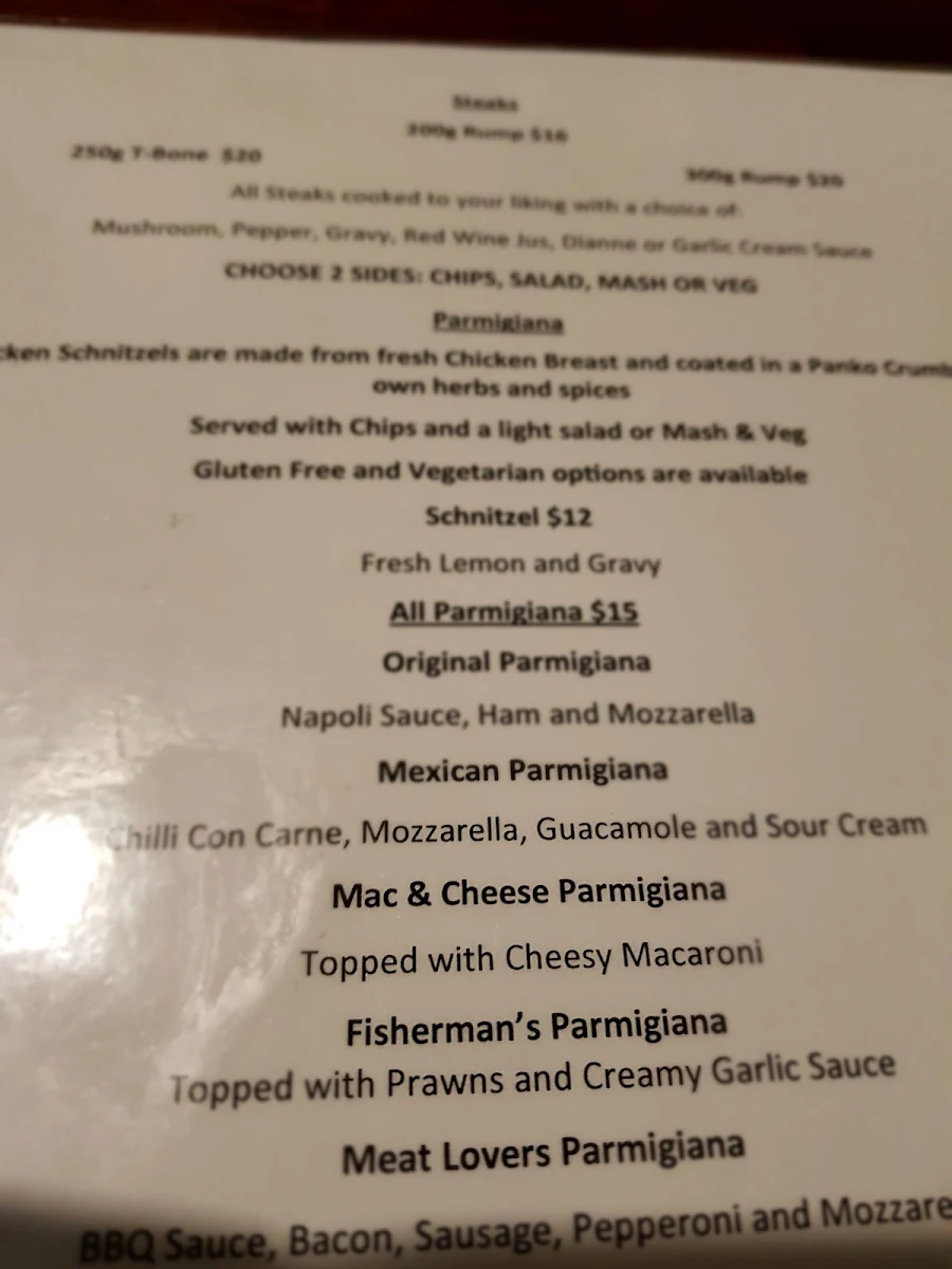 Menu, Woolloongabba Hotel