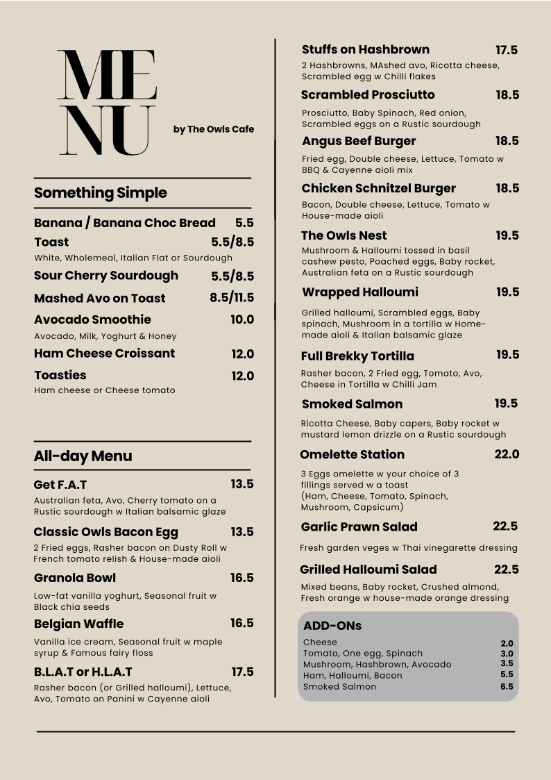 Menu, The Owls Cafe Northbridge