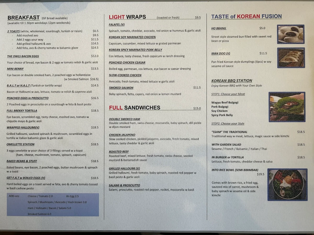 Menu, The Owls Cafe Northbridge