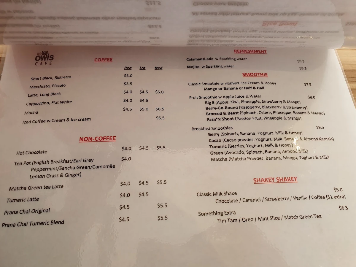 Menu, The Owls Cafe Northbridge