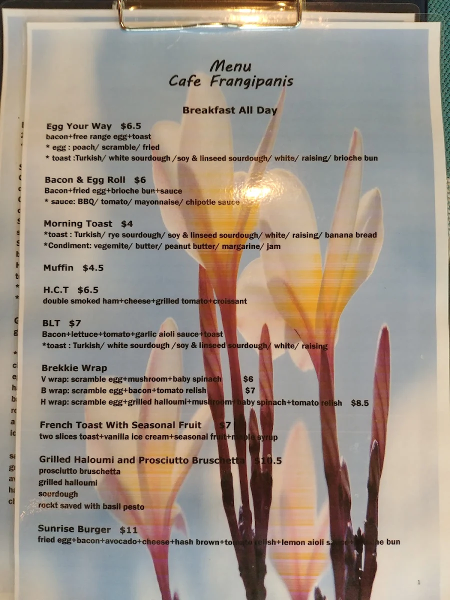 Menu, Cafe Frangipanis