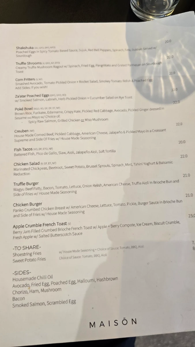 Menu, MAISON COFFEE