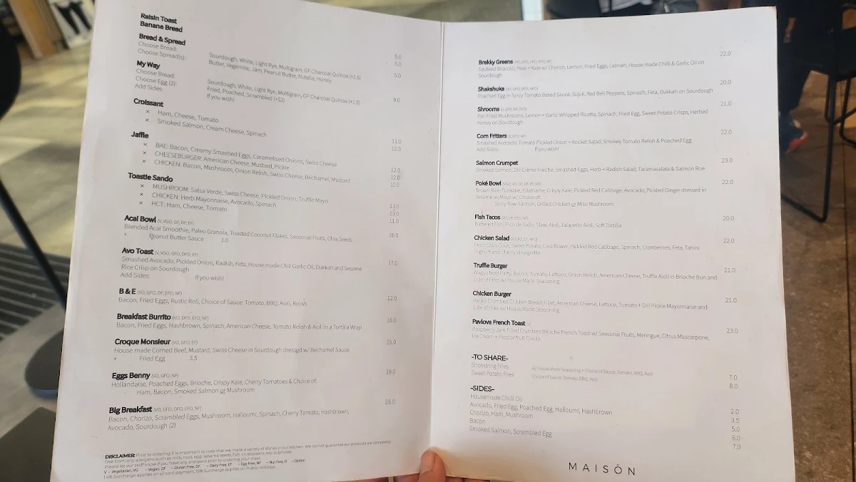Menu, MAISON COFFEE