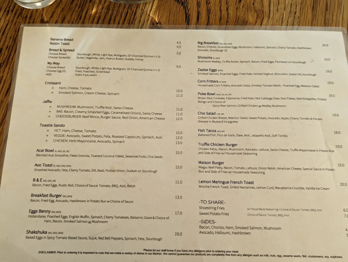 Menu, MAISON COFFEE