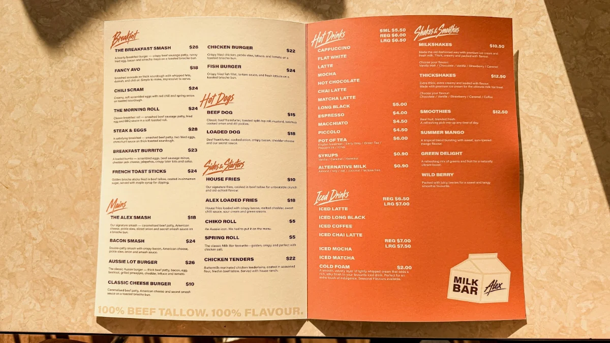Menu, Milk Bar Alex