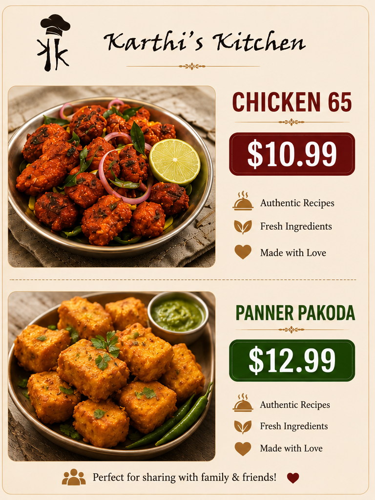 Menu, Karthi's Kitchen