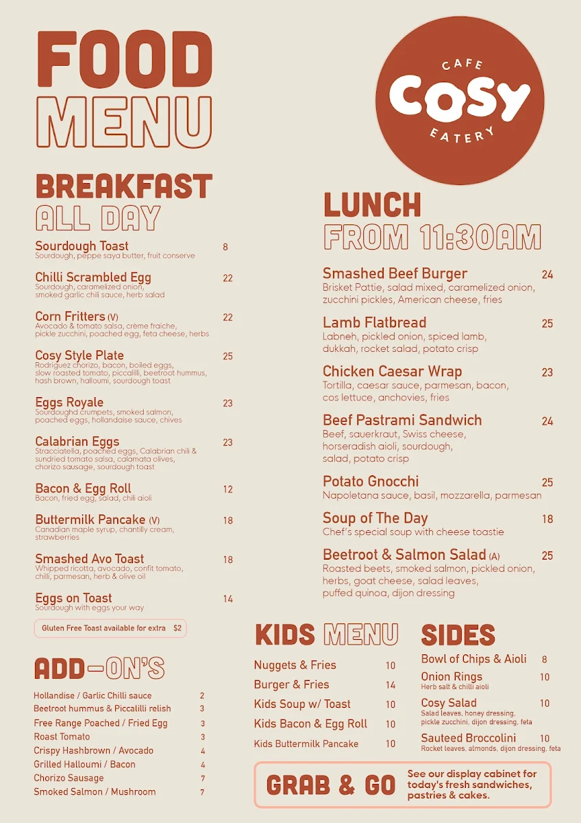Menu, Cafe Cosy & Eatery