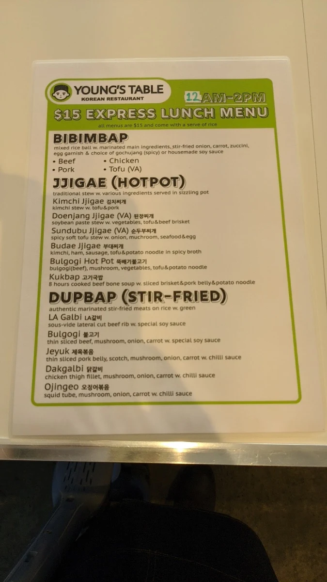 Menu, Young's Table