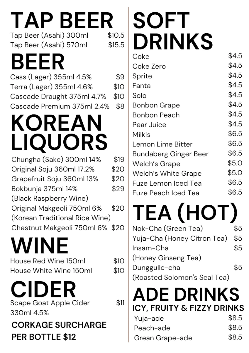 Menu, Young's Table