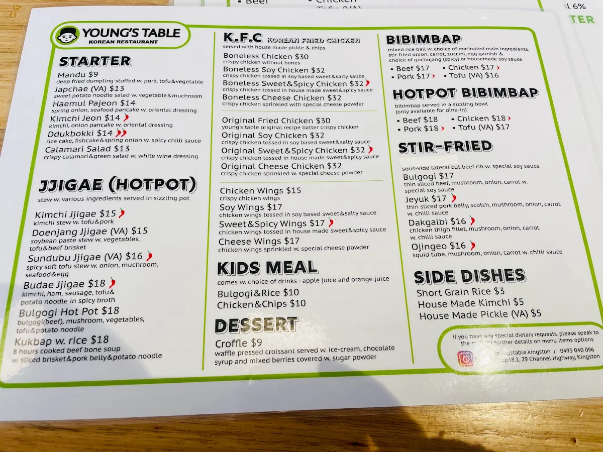 Menu, Young's Table