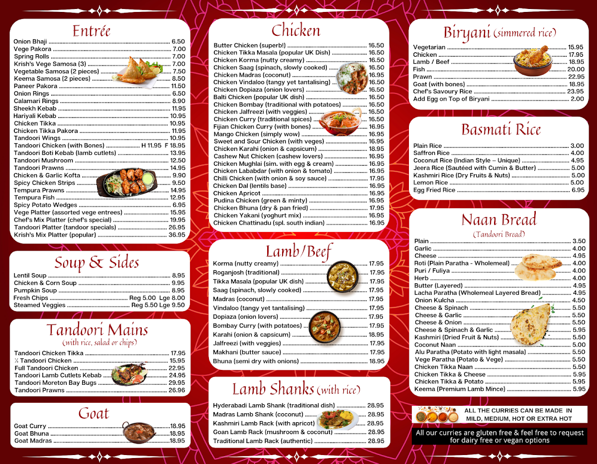 Menu, Krish Indian Robina