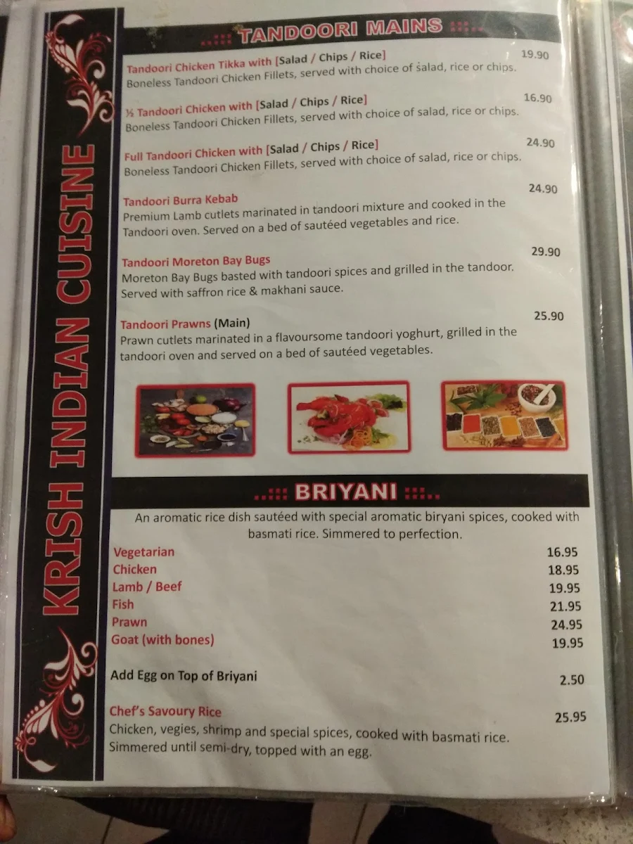 Menu, Krish Indian Robina