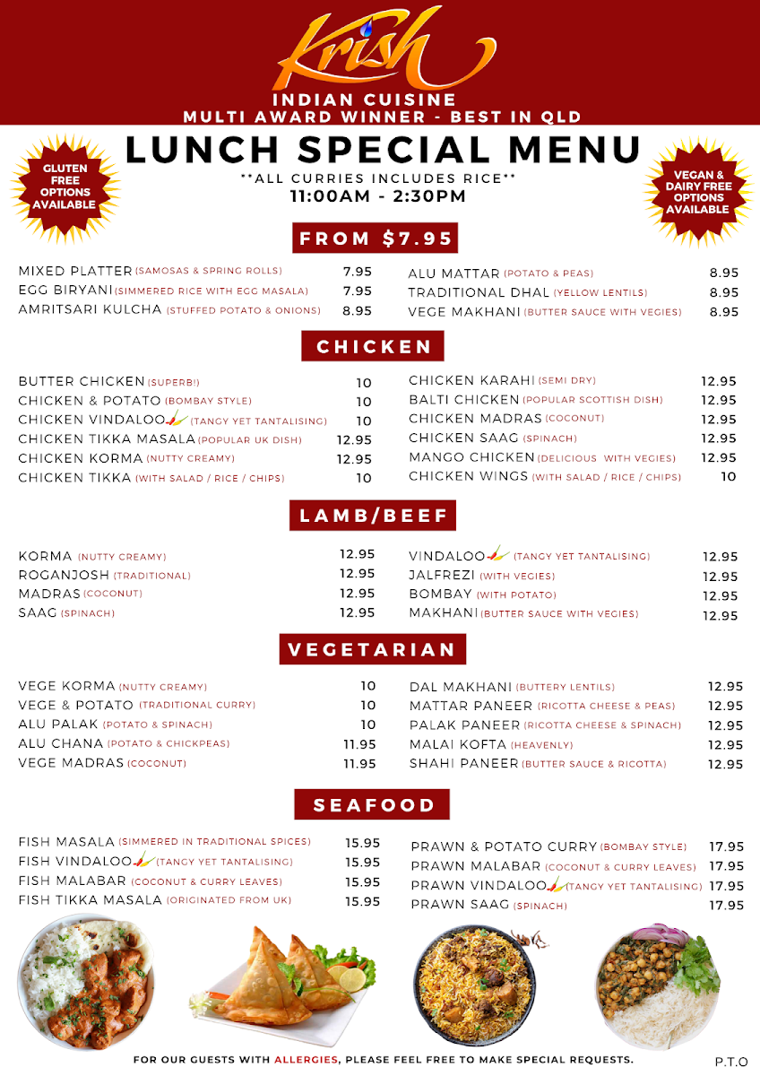 Menu, Krish Indian Robina