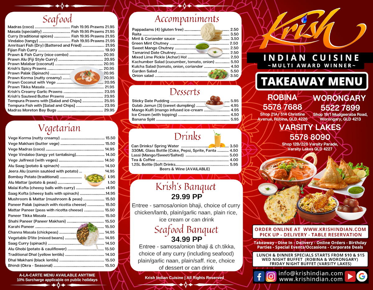 Menu, Krish Indian Robina