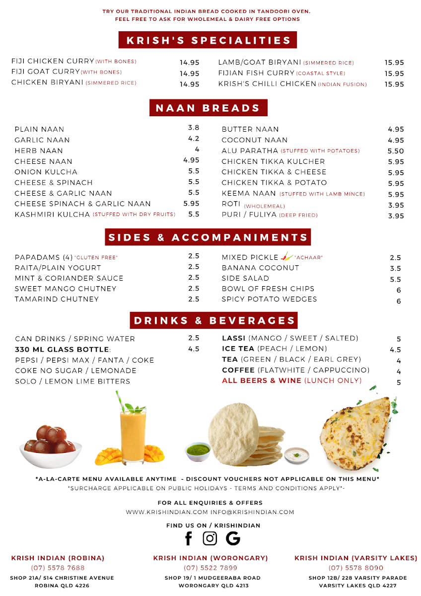 Menu, Krish Indian Robina