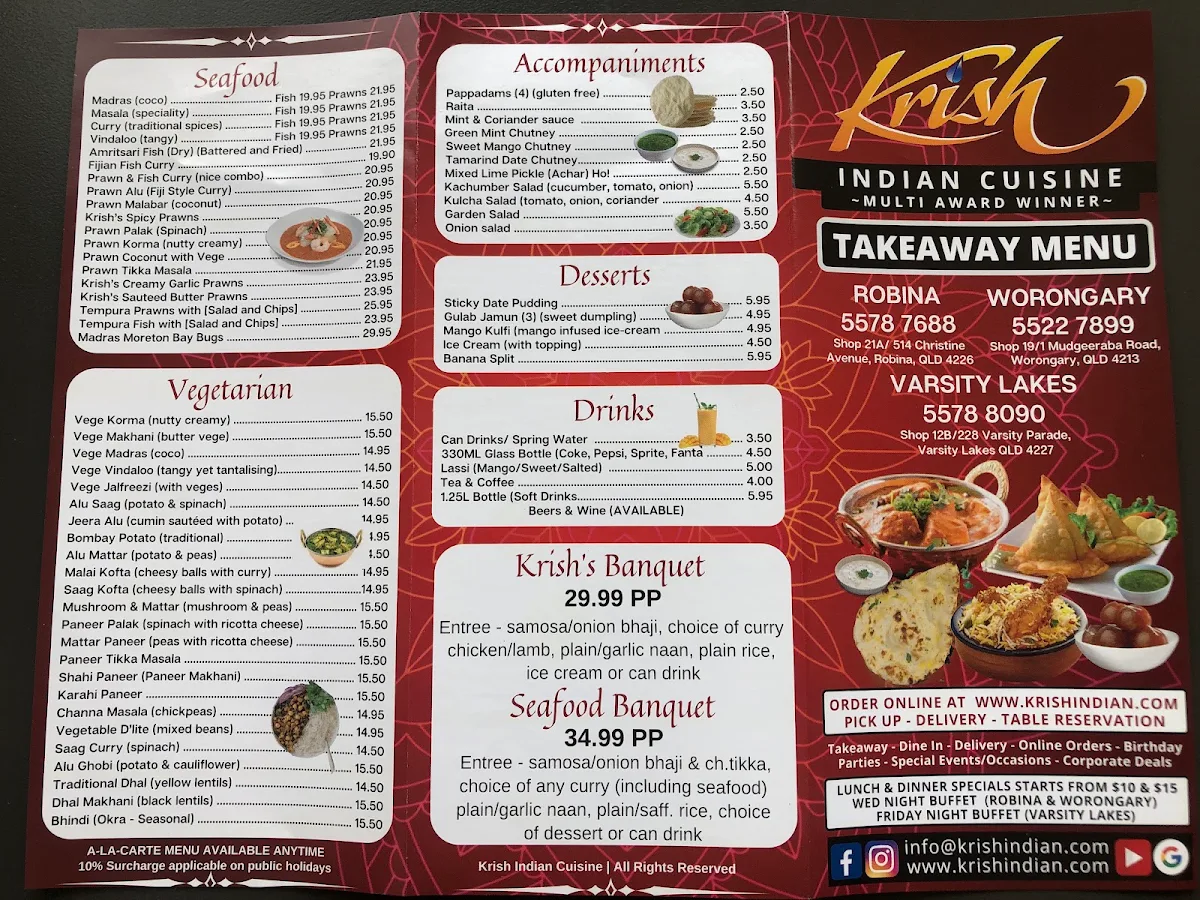 Menu, Krish Indian Robina