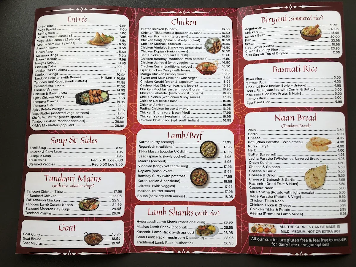 Menu, Krish Indian Robina