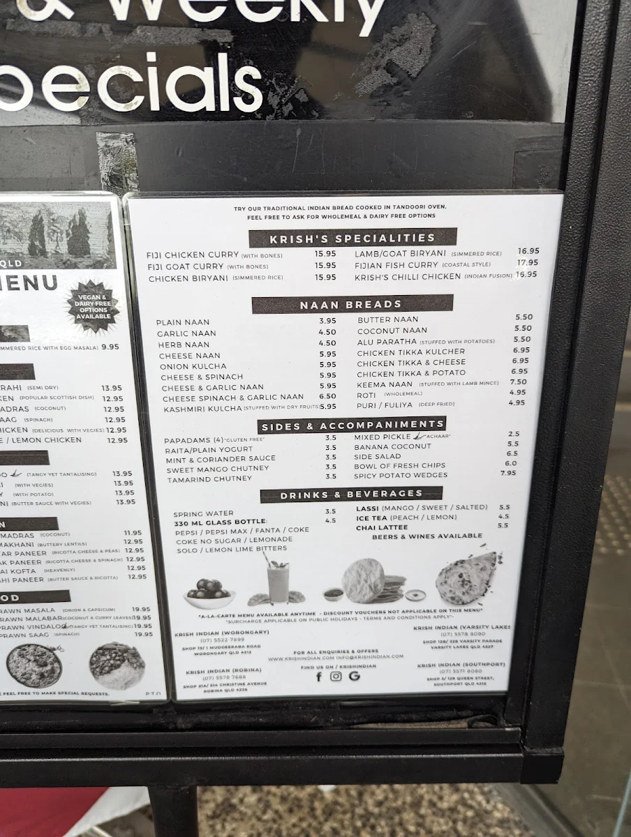 Menu, Krish Indian Robina
