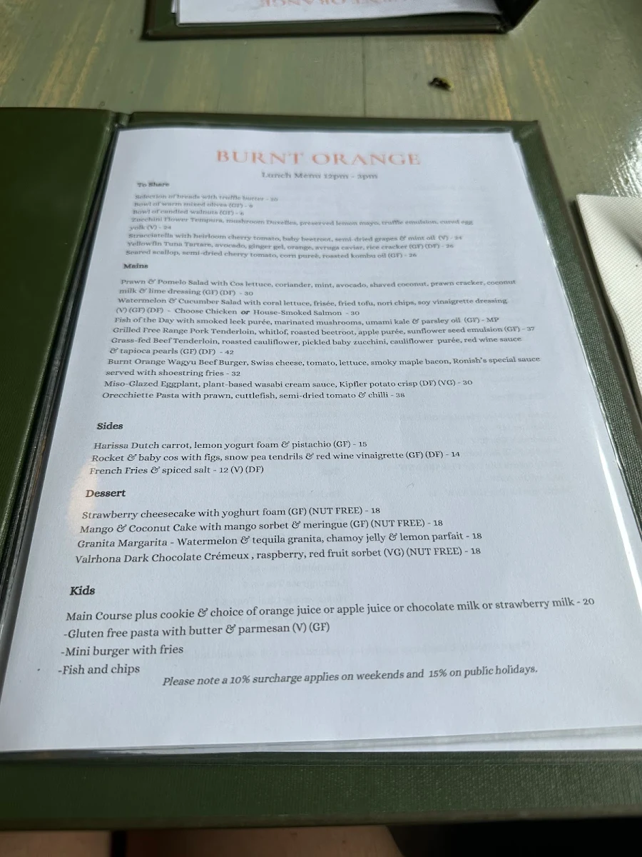 Menu, Burnt Orange