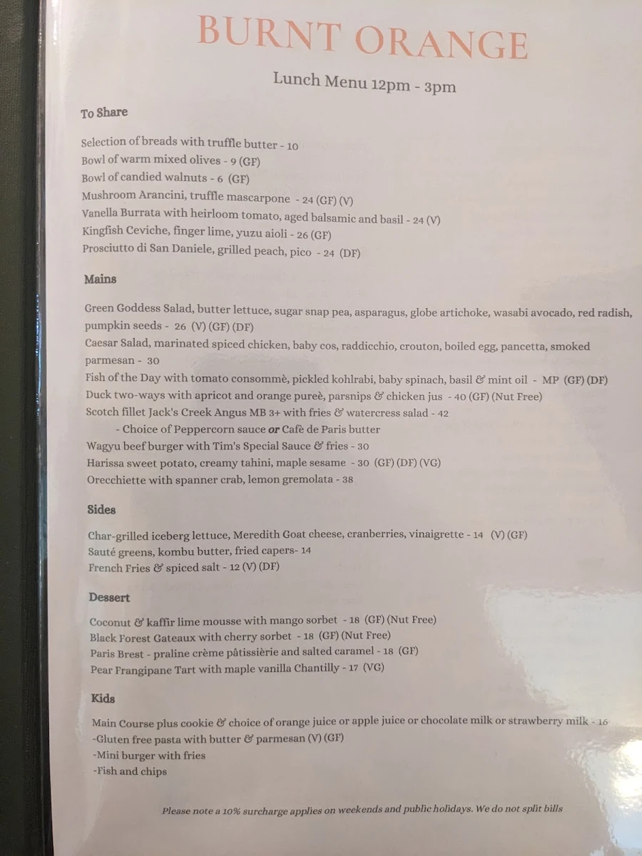 Menu, Burnt Orange