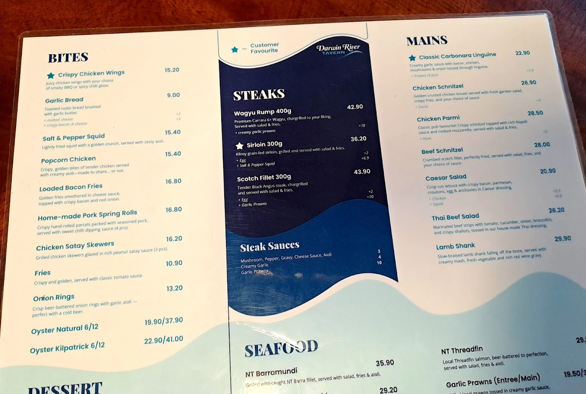 Menu, Darwin River Tavern