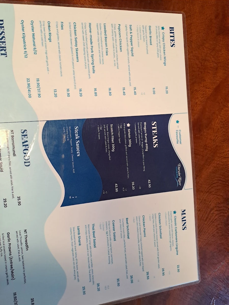 Menu, Darwin River Tavern
